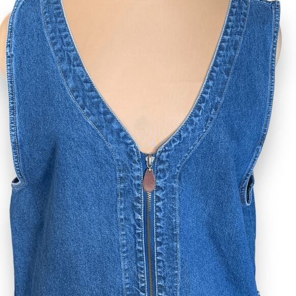Vintage 90s Denim Jumper Dress Zip Front Autumn Leaf Embroidery Sleeveless Plus - Picture 6 of 12